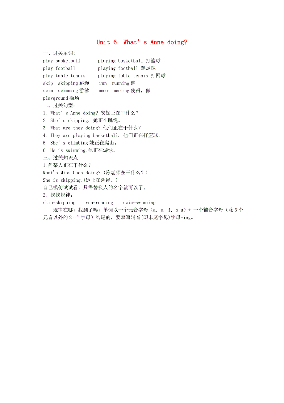 2020春四年级英语下册Unit6What’sAnnedoing知识梳理湘少版.doc_第1页