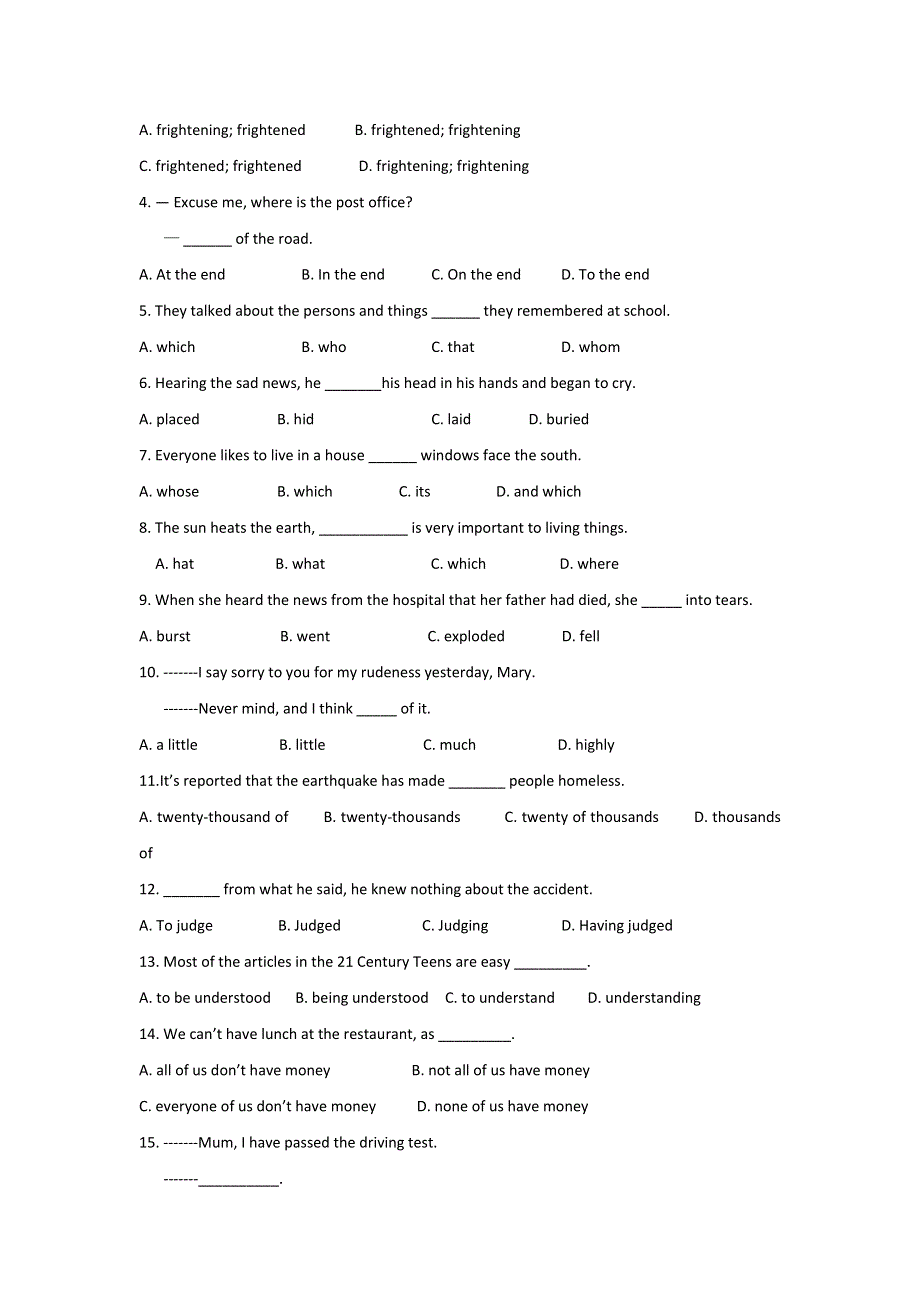 内蒙古集宁一中人教版高中英语必修一UNIT 4 EARTHQUAKES 综合练习 WORD版缺答案.doc_第3页