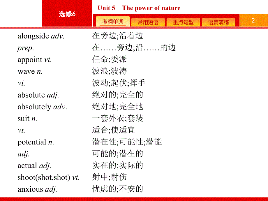 2020高考英语（人教版）总复习课件：选修6 预习案6-5 UNIT 5　THE POWER OF NATURE .pptx_第2页