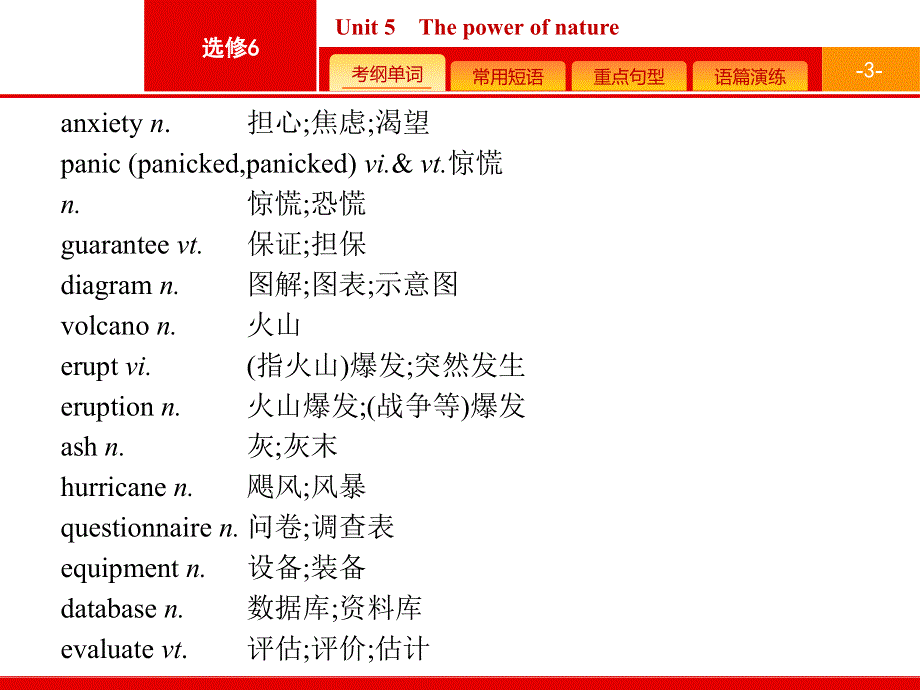 2020高考英语（人教版）总复习课件：选修6 预习案6-5 UNIT 5　THE POWER OF NATURE .pptx_第3页