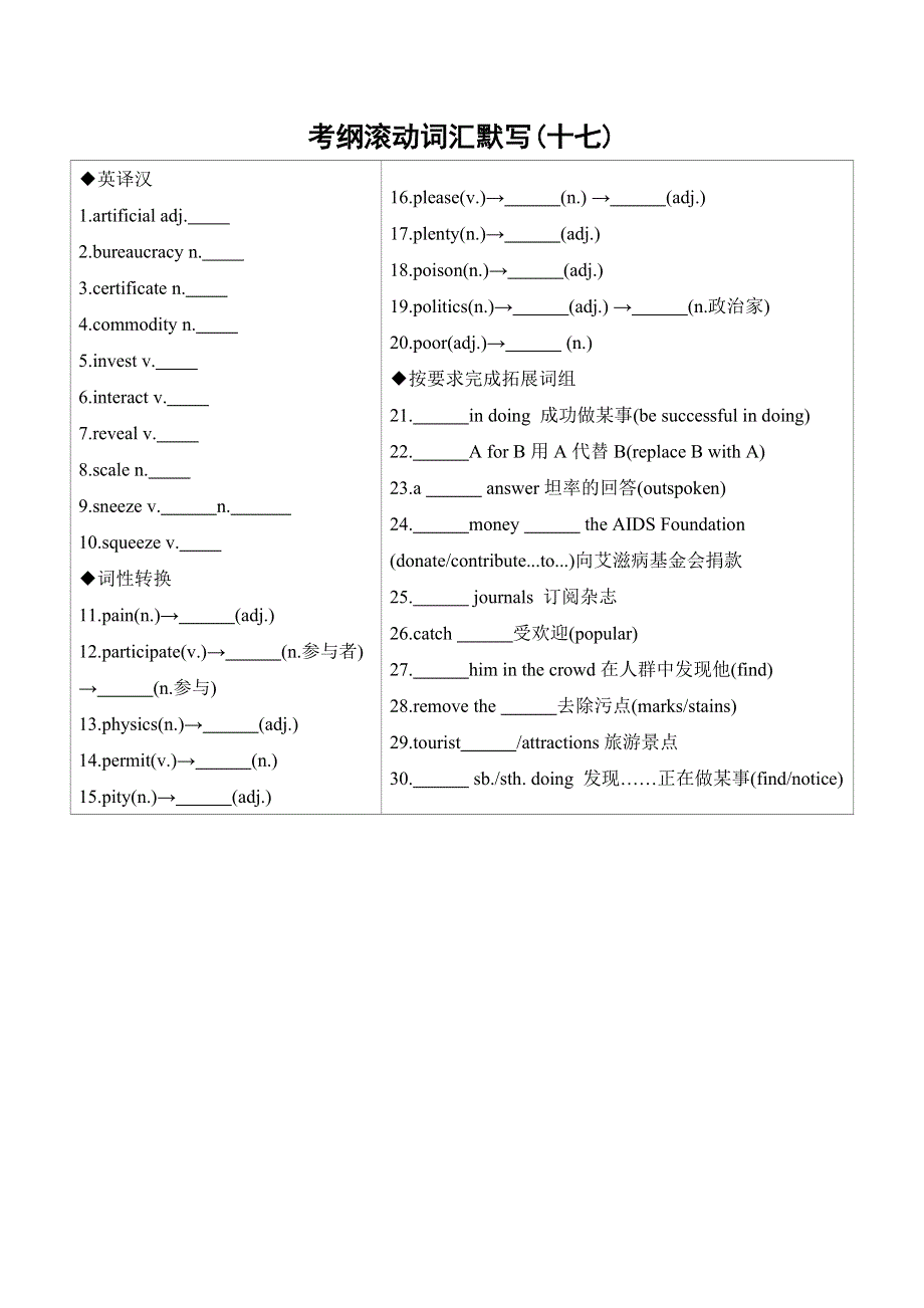 2020版高考英语新素养突破江苏专用考前冲刺：第二篇 考前20天考纲滚动词汇默写（十七） WORD版含答案.docx_第1页