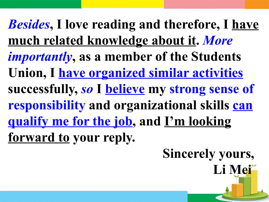 广东省深圳市某发展有限公司2015届高考英语二轮（原创版对答案）复习课件：基础写作--高效解题密招--招聘应聘.ppt_第3页