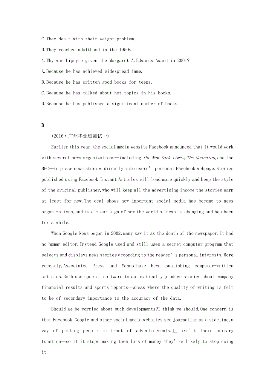 2019高考英语一轮优练题Unit4Makingthenews含解析新人教版必修5.doc_第3页