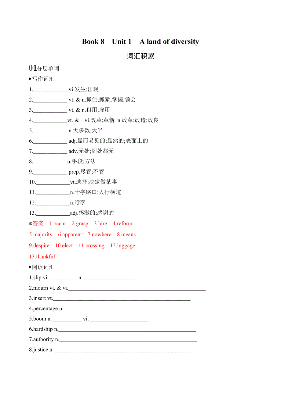 2020版高考英语新攻略总复习山东人教专用精练：BOOK 8　UNIT 1　A LAND OF DIVERSITY词汇积累 WORD版含解析.docx_第1页