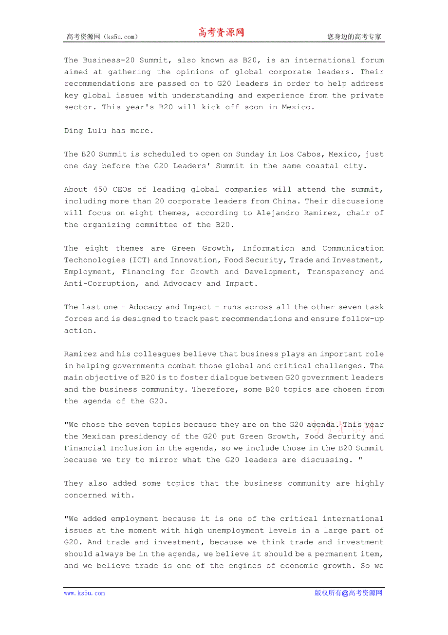 CRI英语听力2012年06月合辑（文本）：B20-SUMMIT-TO-KICK-OFF-IN-MEXICO.doc_第1页