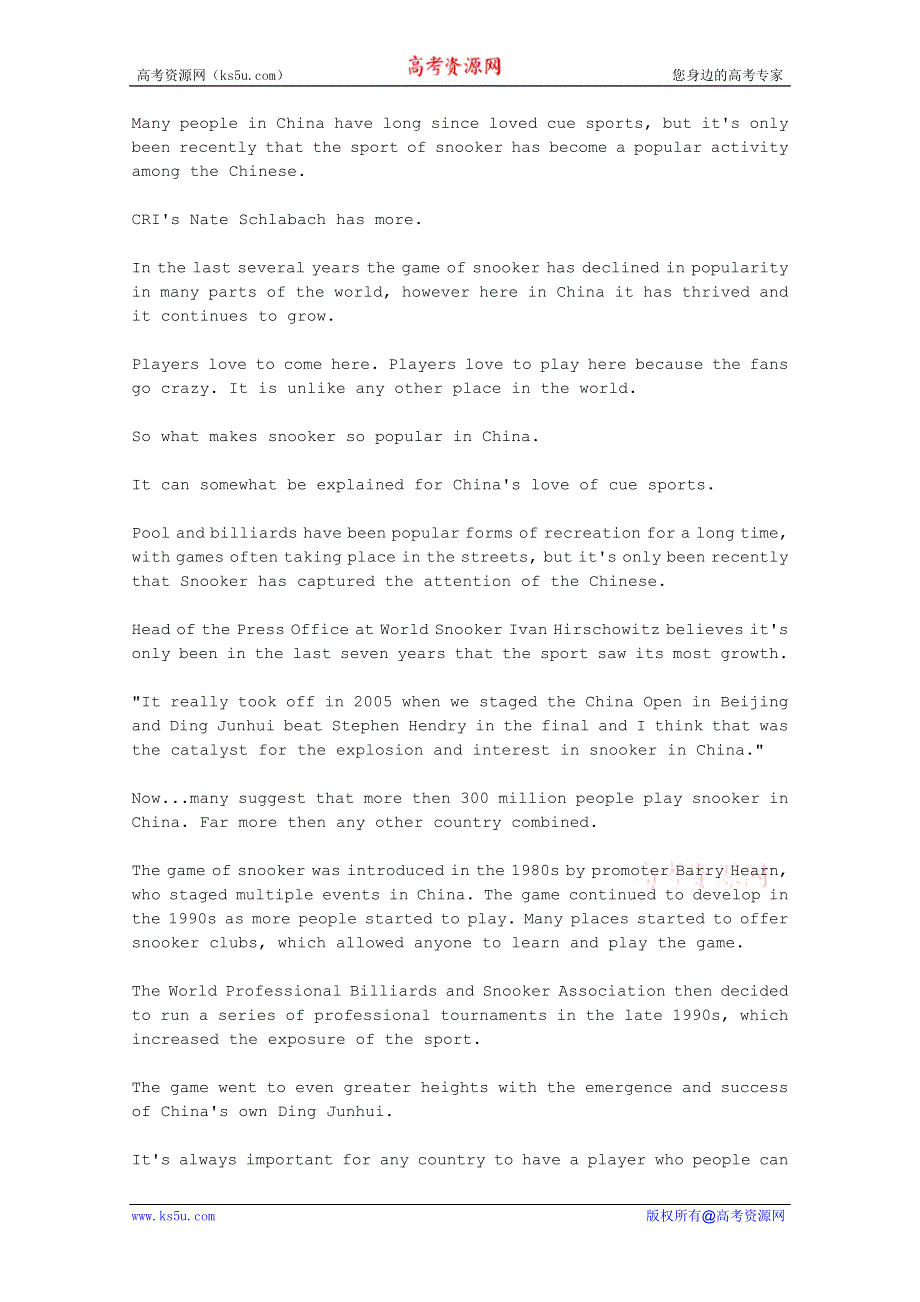 CRI英语听力2012年04月合辑（文本+翻译）：THE-SPORT-OF-SNOOKER-BECOMES-A-POPULAR-ACTIVITY-AMONG-THE-CHINESE.doc_第1页