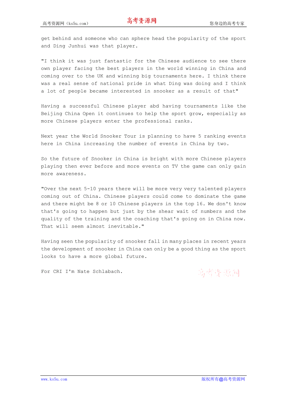 CRI英语听力2012年04月合辑（文本+翻译）：THE-SPORT-OF-SNOOKER-BECOMES-A-POPULAR-ACTIVITY-AMONG-THE-CHINESE.doc_第2页