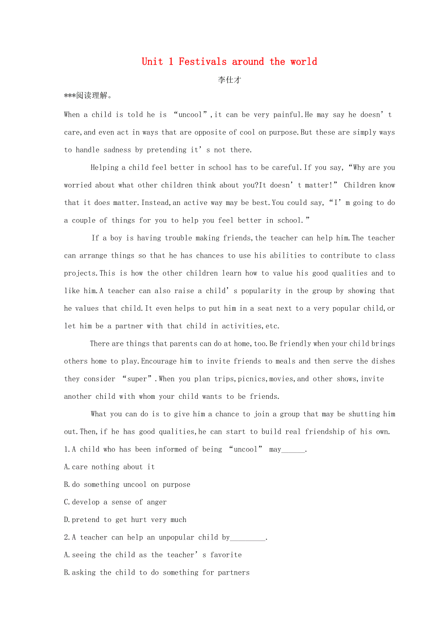 2019高考英语一轮基础自练题Unit1Festivalsaroundtheworld含解析新人教版必修3.doc_第1页