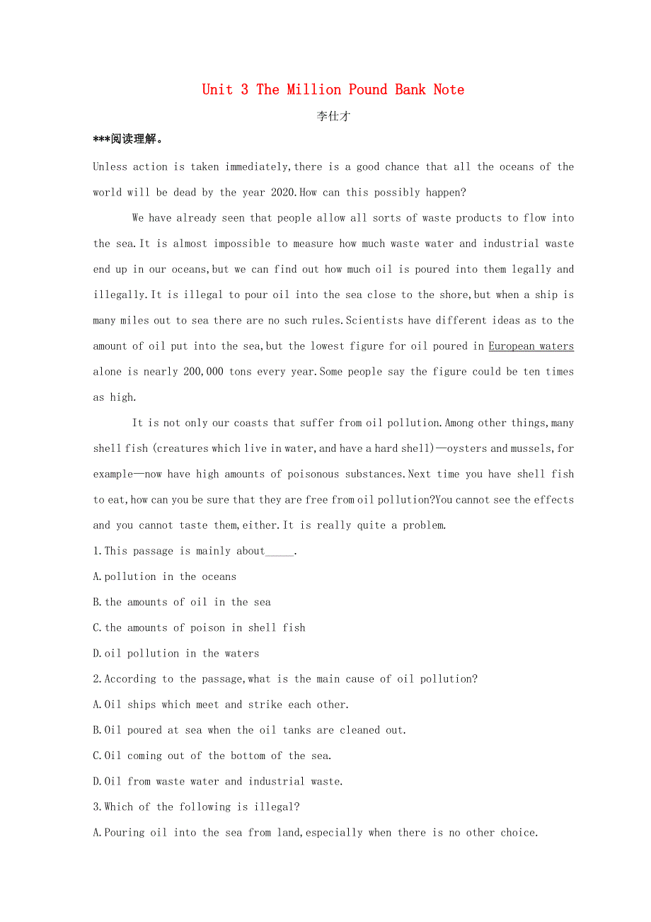 2019高考英语一轮基础自练题Unit3TheMillionPoundBankNote含解析新人教版必修3.doc_第1页