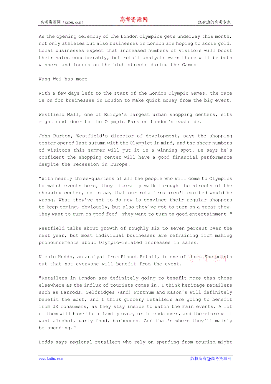 CRI英语听力2012年07月合辑（文本＋翻译）：LONDON-SHOPS-EXPECT-SALES-TO-SOAR-DURING-OLYMPICS.doc_第1页