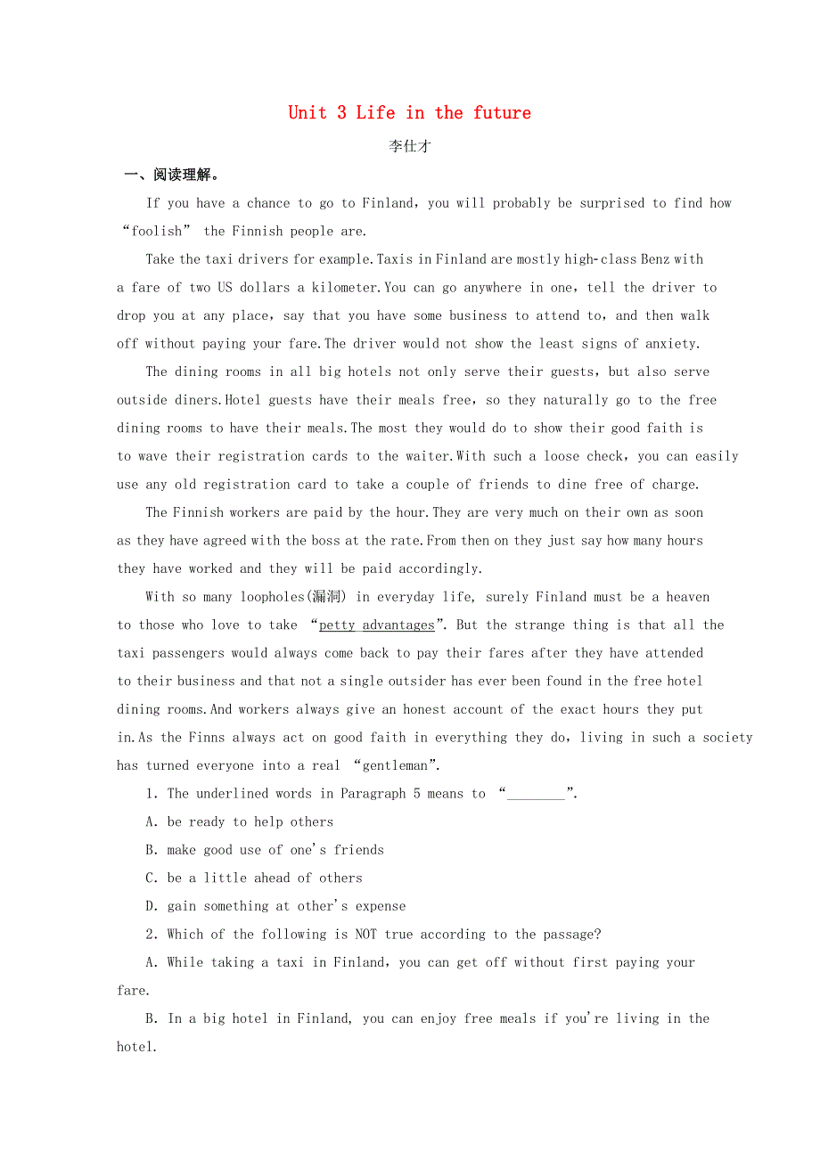 2019高考英语一轮基础自练题Unit3Lifeinthefuture含解析新人教版必修5.doc_第1页