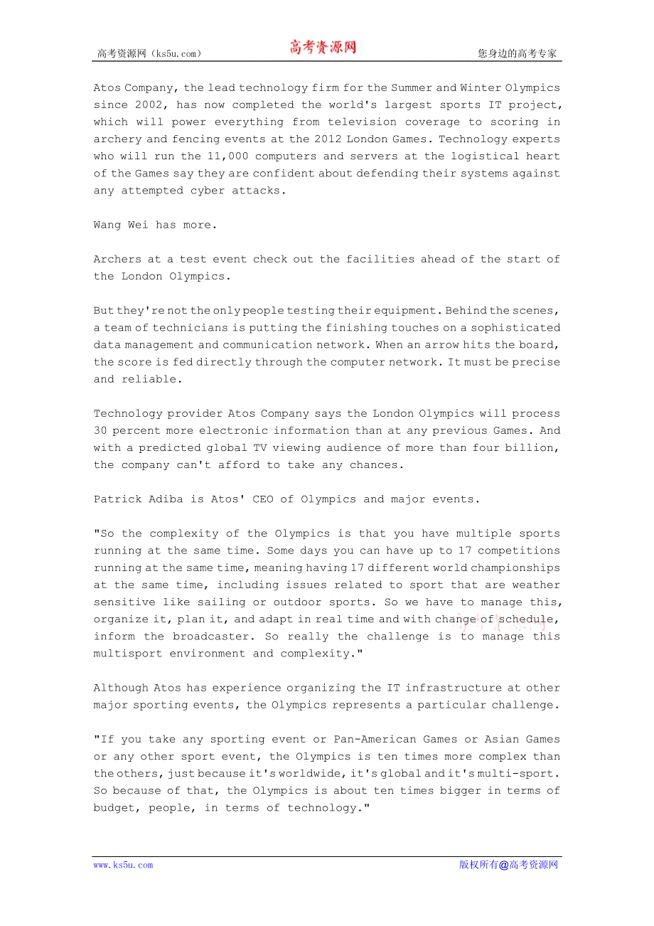 CRI英语听力2012年07月合辑（文本＋翻译）：SPORTS-IT-PROJECT-COMPLETED-FOR-2012-OLYMPICS.doc_第1页