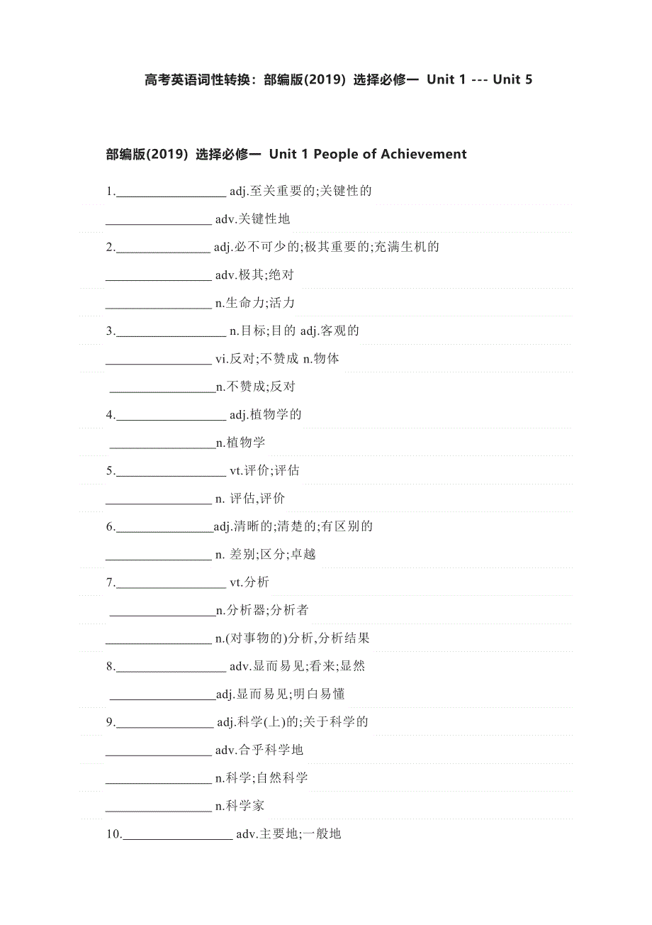 UNIT 1-UNIT 5英语词性转换练习 2021-2022学年人教版高中英语选择性必修第一册.docx_第1页