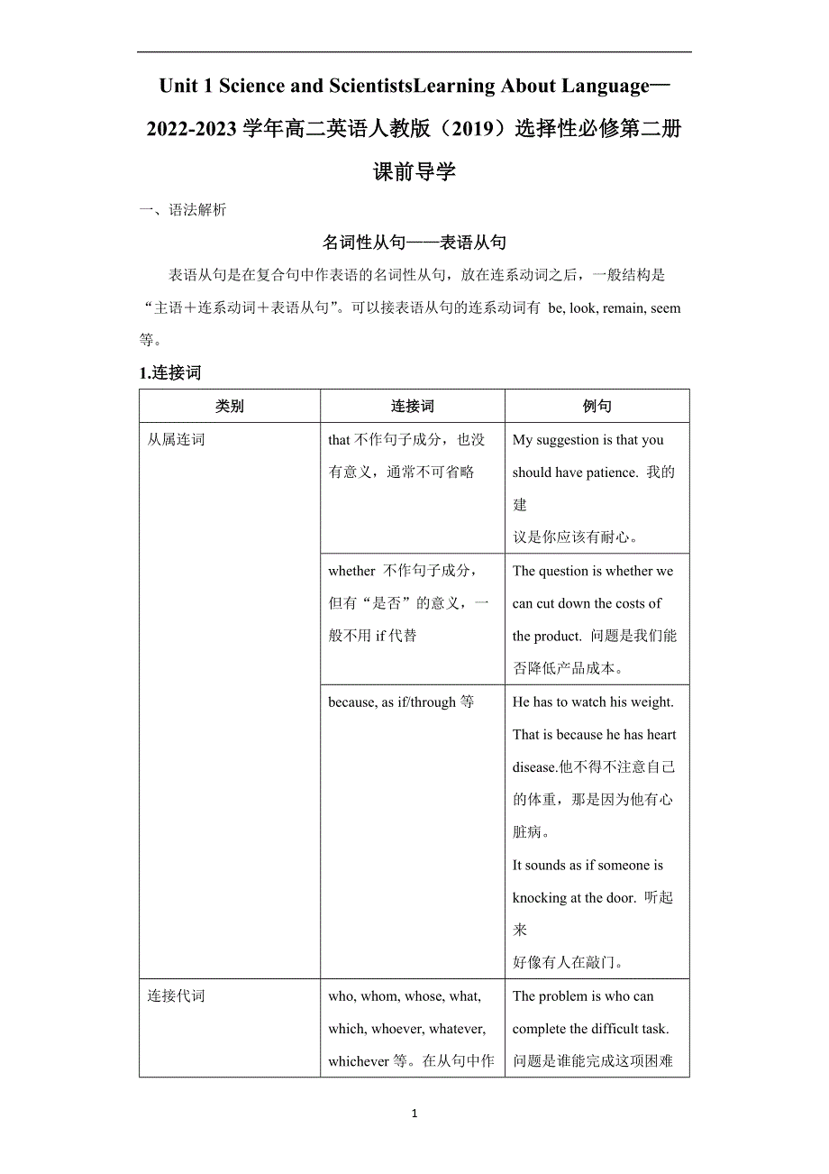 UNIT 1 SCIENCE AND SCIENTISTS LEARNING ABOUT LANGUAGE—2022-2023学年高二英语人教版（2019）选择性必修第二册课前导学 WORD版.docx_第1页