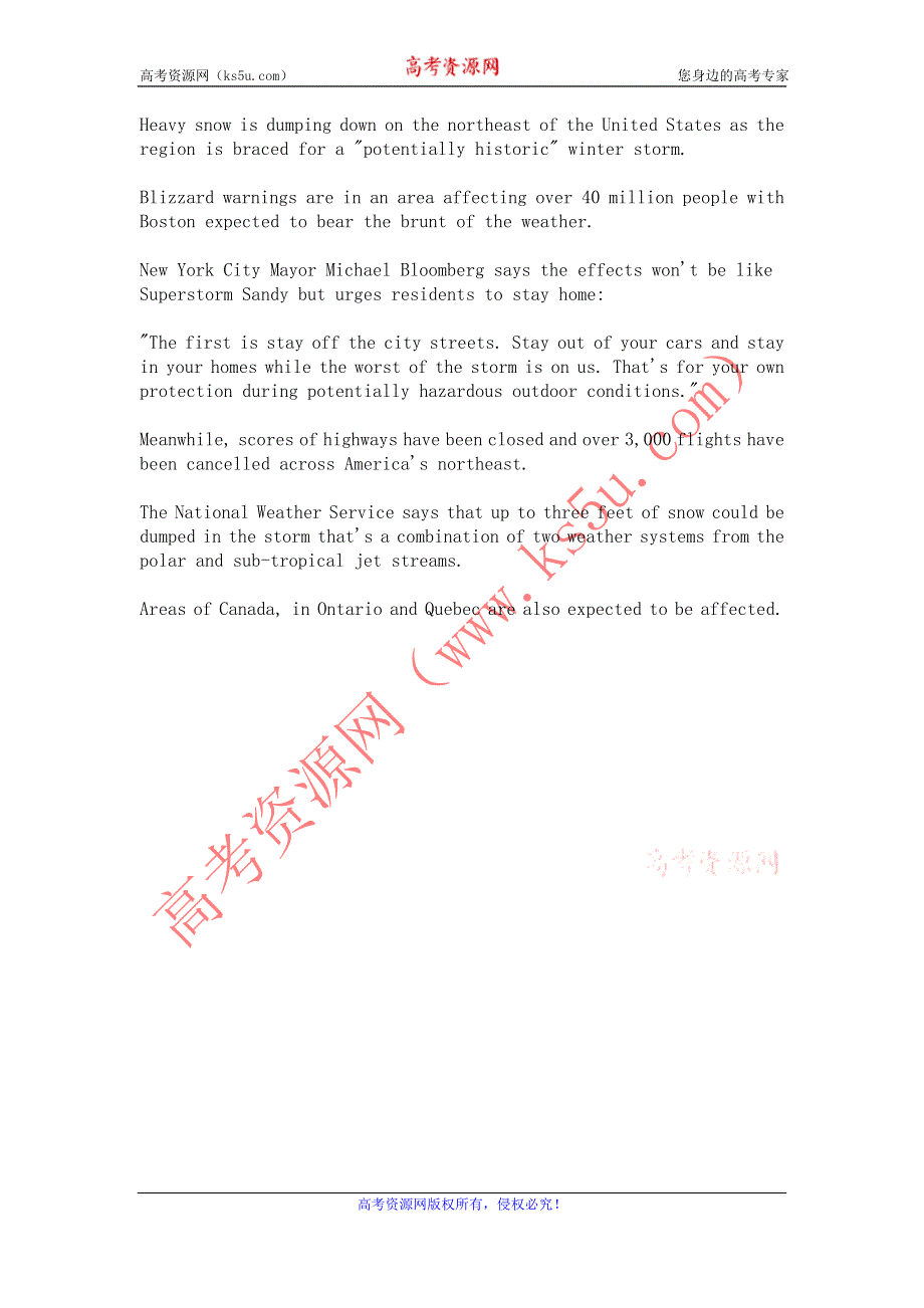 CRI英语听力2013年02月（WORD文本）：MAJOR-SNOW-STORM-ON-TRACK-FOR-NORTHEAST-OF-THE-US_62.doc_第1页