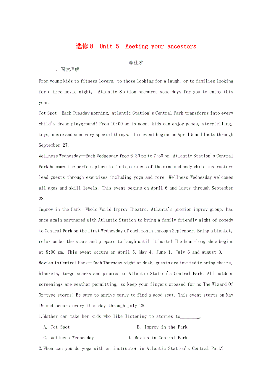 2019高考英语一轮选练习题Unit5Meetingyourancestors含解析新人教版选修8.doc_第1页