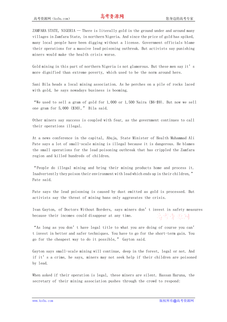 VOA常速英语听力2012年10月合辑（文本）：NIGERIAN-GOLD-MINERS-SEEK-THE-RIGHT-TO-MINE.doc_第1页