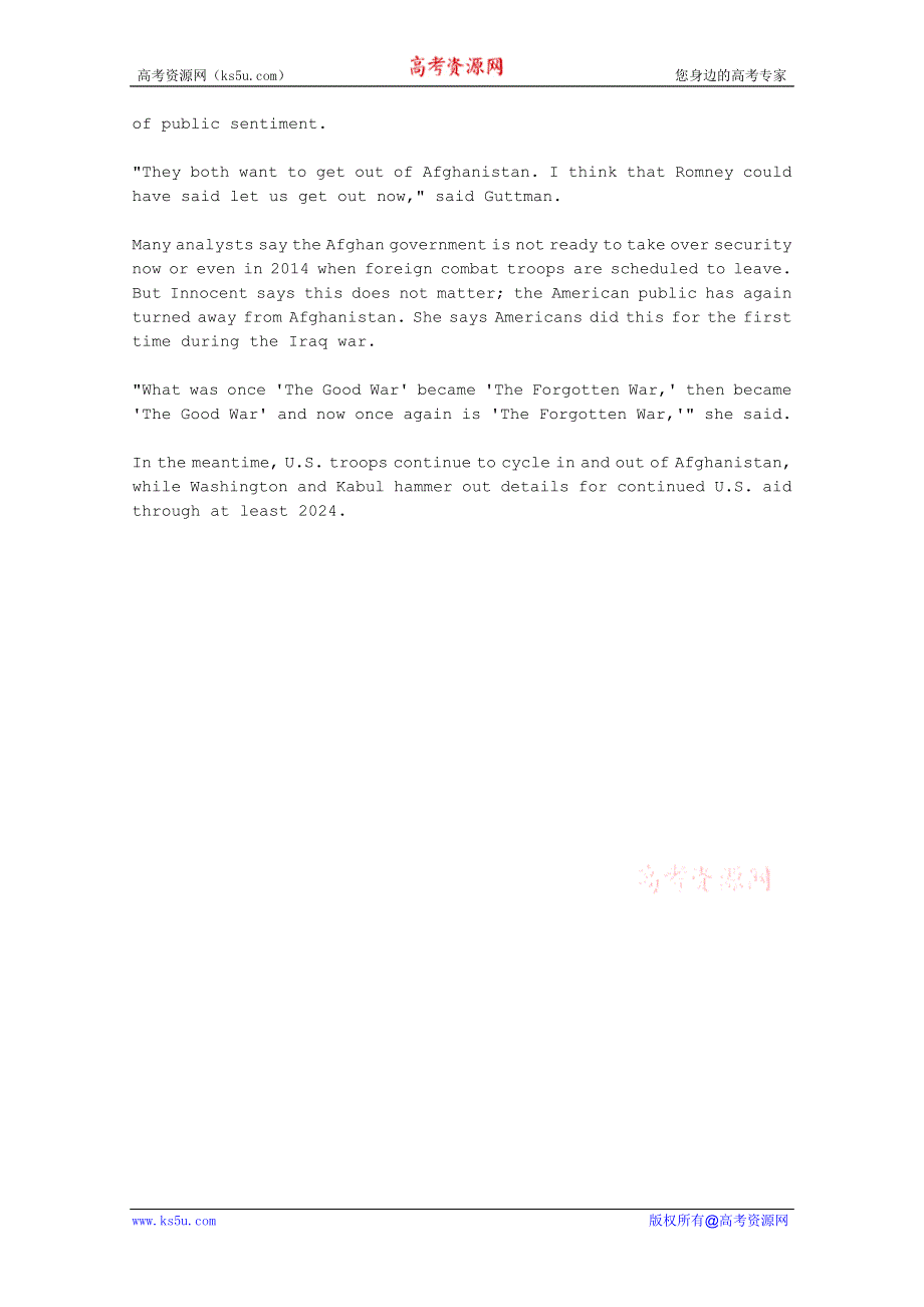 VOA常速英语听力2012年10月合辑（文本）：LESS-FOCUS-ON-AFGHAN-WAR-IN-2012-ELECTION.doc_第2页