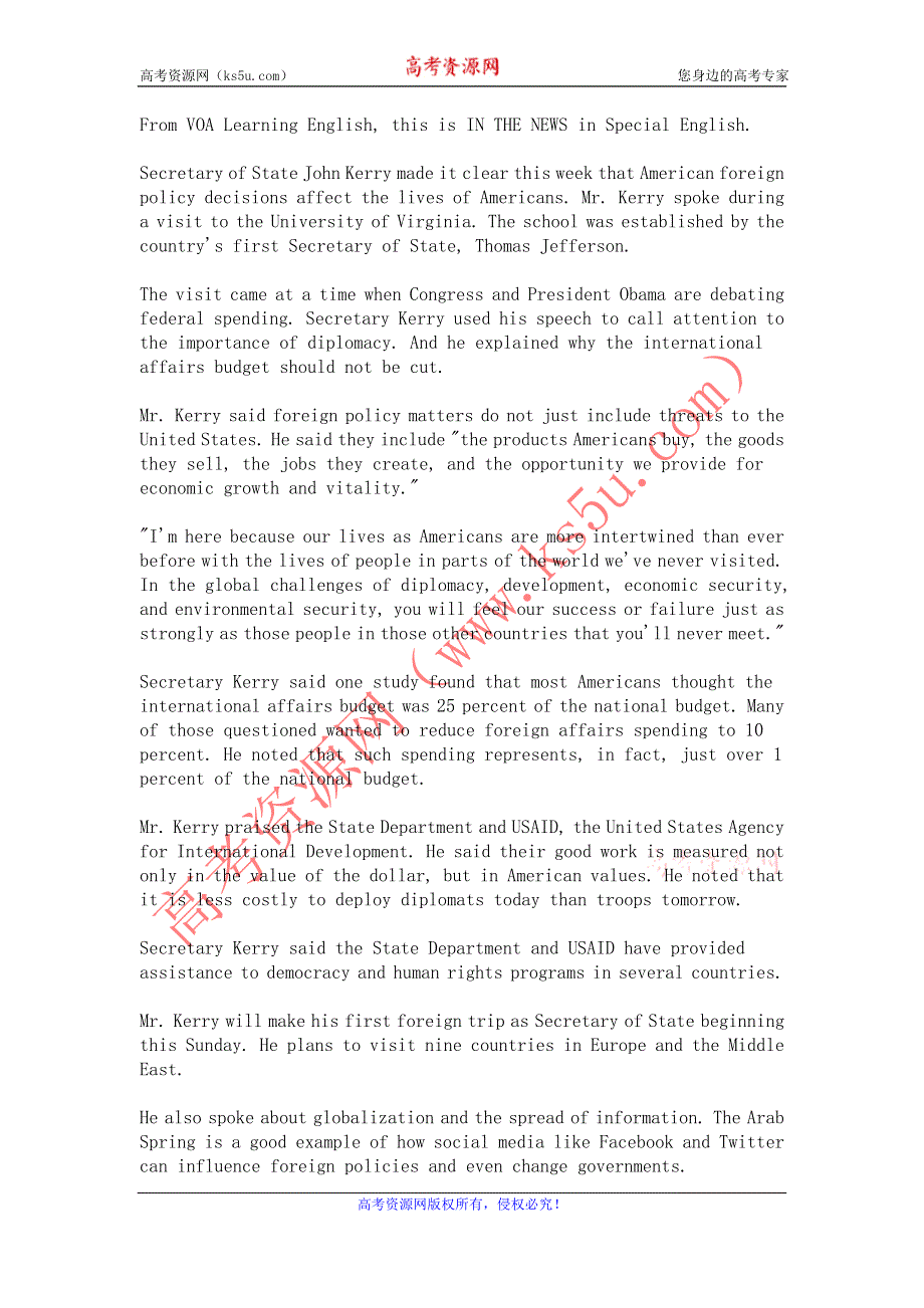 VOA慢速英语听力2013年02月（WORD文本）：AMERICAS-NEW-SECRETARY-OF-STATE-TALKS-FOREIGN-POLICY_8.doc_第1页