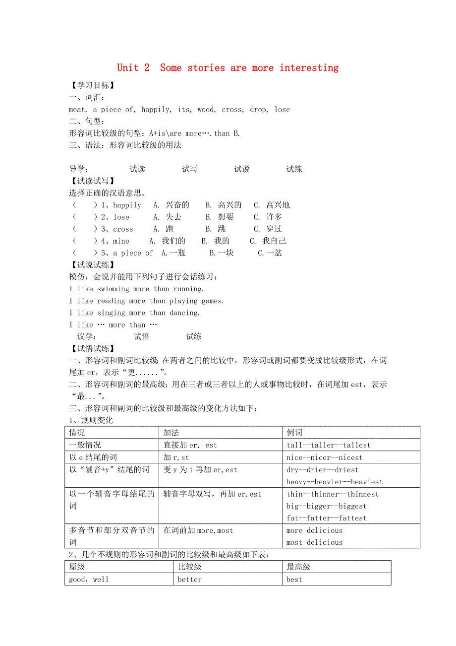 2020春六年级英语下册Unit2Somestoriesaremoreinteresting导学案无答案湘少版.doc_第1页