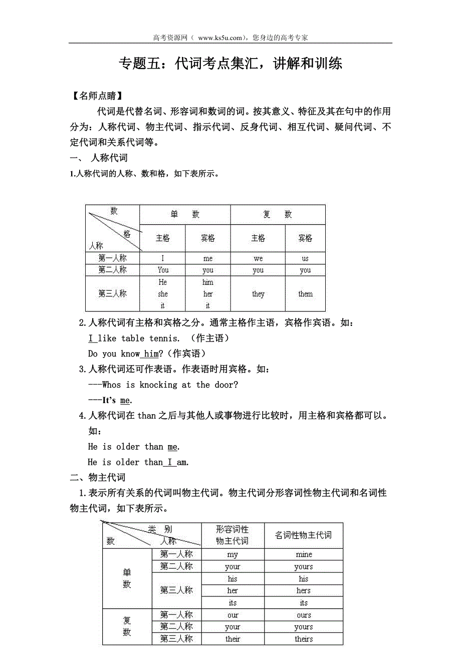 初高中英语衔接专题五：代词考点集汇讲解和训练.doc_第1页