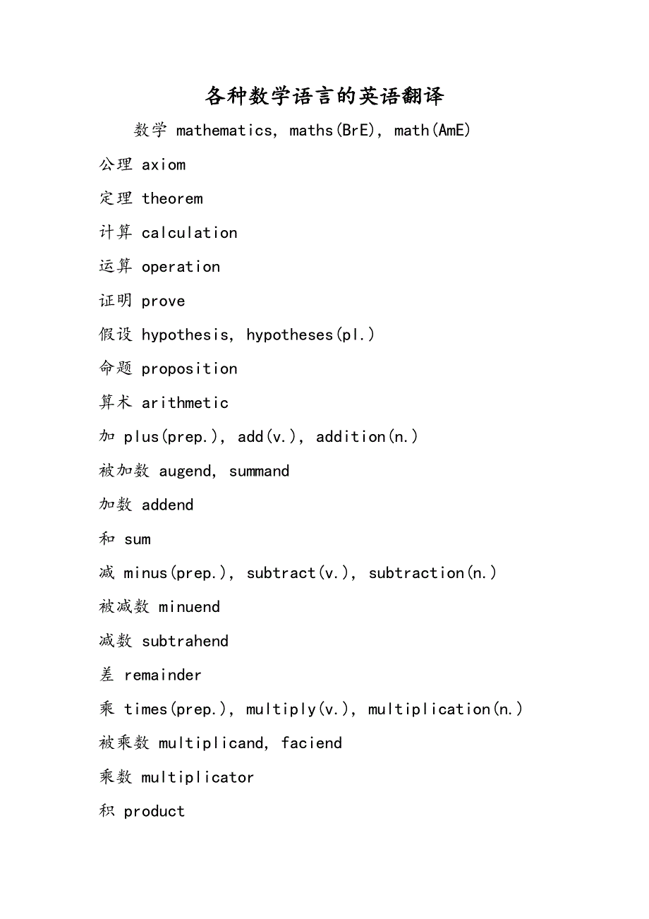 各种数学语言的英语翻译.doc_第1页