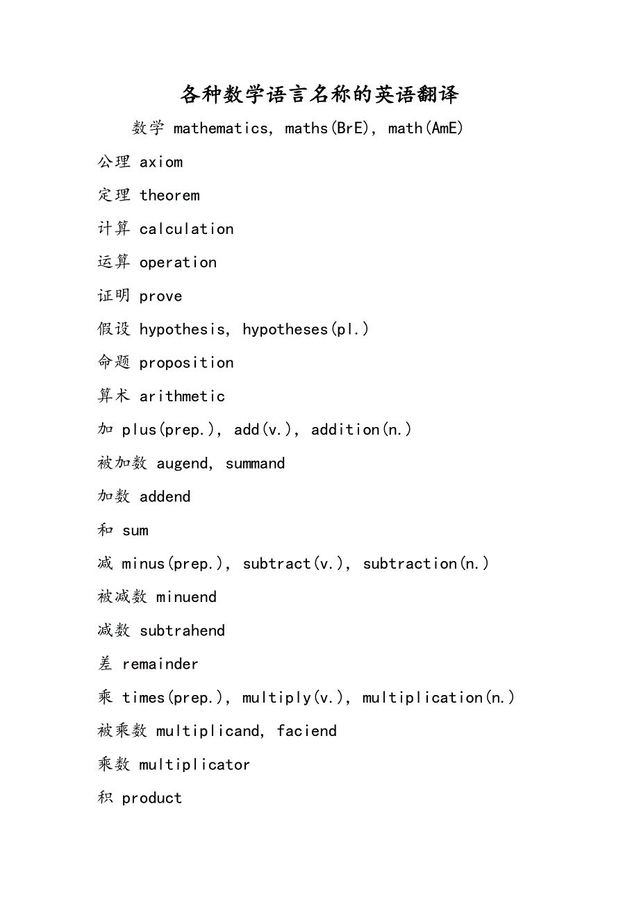 各种数学语言名称的英语翻译.doc_第1页
