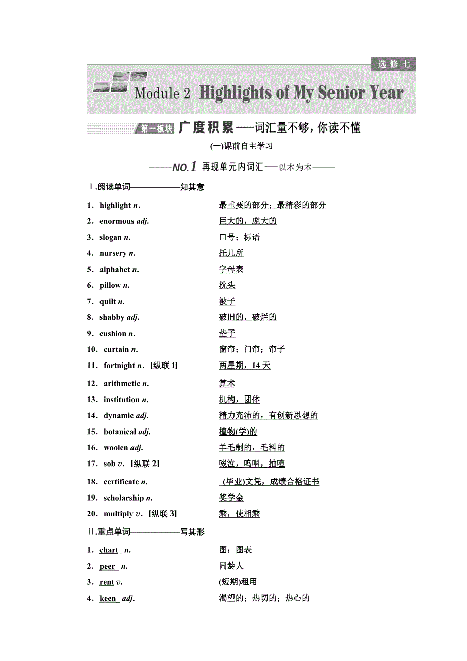 2020版高考一轮复习英语新课改外研版学案：选修7 MODULE 2 HIGHLIGHTS OF MY SENIOR YEAR WORD版含解析.doc_第1页