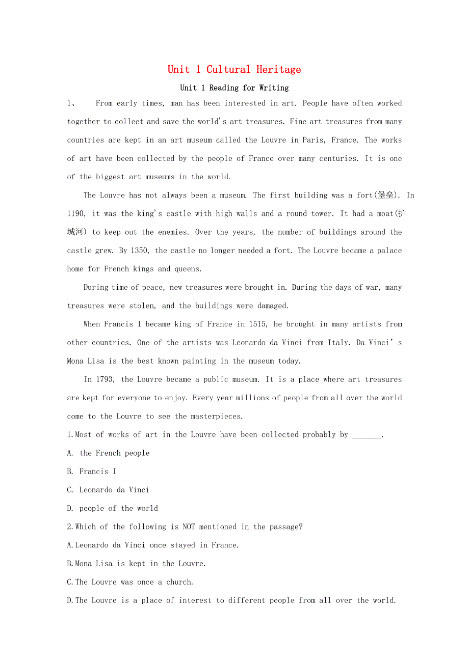 2020-2021学年新教材高中英语 Unit 1 Cultural Heritage Reading for Writing同步提升练习（含解析）新人教版必修第二册.doc_第1页