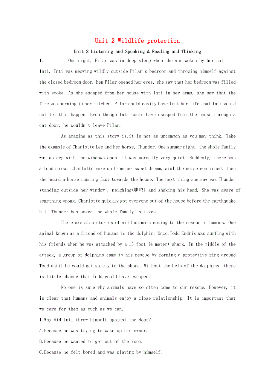 2020-2021学年新教材高中英语 Unit 2 Wildlife protection Listening and Speaking .doc_第1页
