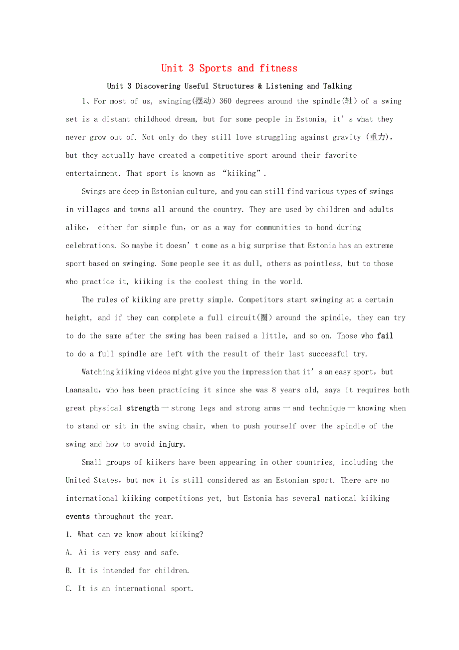 2020-2021学年新教材高中英语 Unit 3 Sports and fitness Discovering Useful Structures .doc_第1页