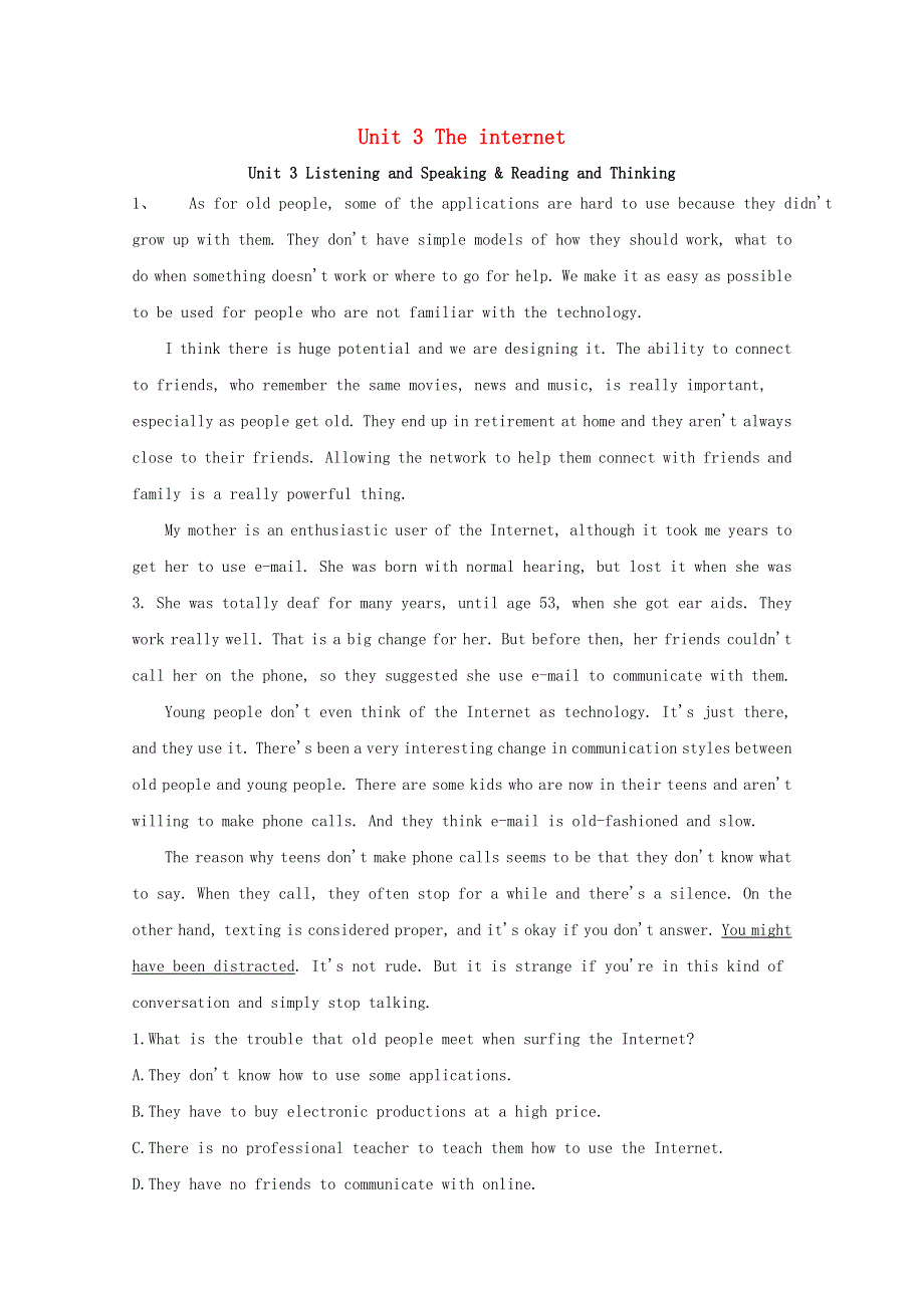 2020-2021学年新教材高中英语 Unit 3 The internet Listening and Speaking .doc_第1页