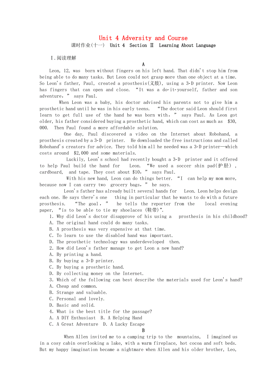 2020-2021学年新教材高中英语 Unit 4 Adversity and Course Section Ⅱ Learning About Language课时作业（含解析）新人教版选择性必修第三册.doc_第1页