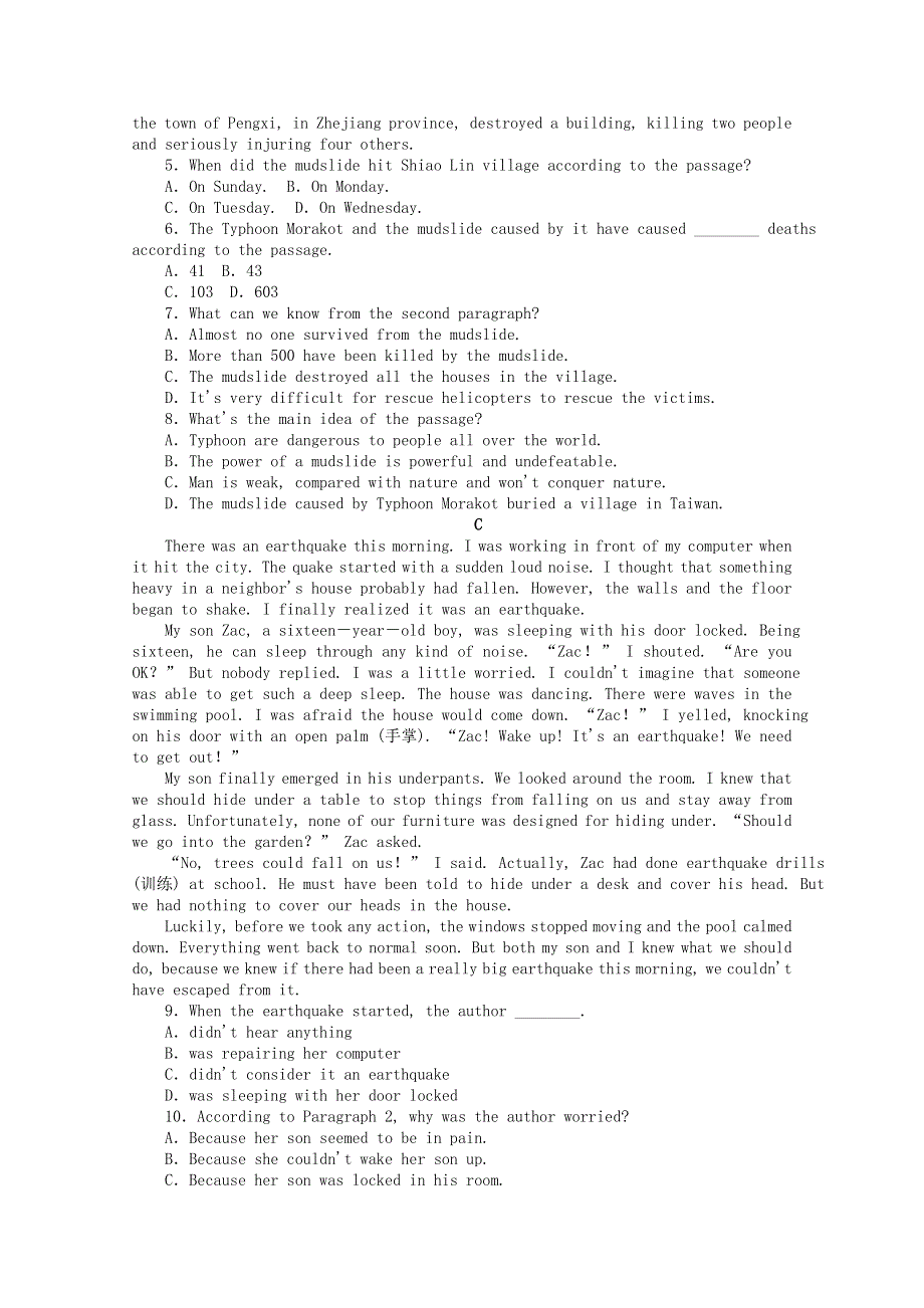 2020-2021学年新教材高中英语 Unit 4 Natural Disasters课时作业（一）Listening and Speaking（含解析）新人教版必修第一册.doc_第3页