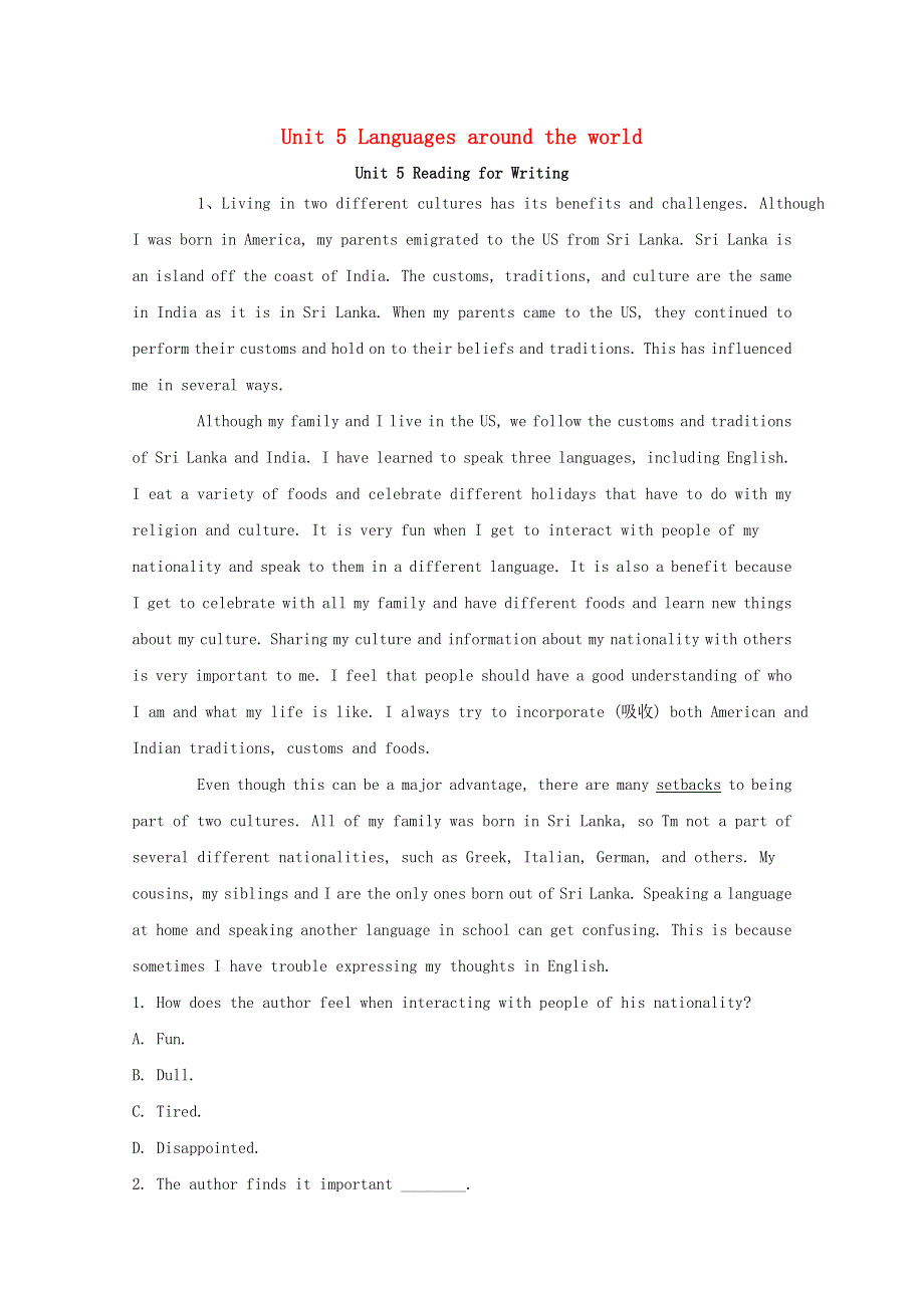 2020-2021学年新教材高中英语 Unit 5 Languages around the world Reading for Writing同步提升练习（含解析）新人教版必修第一册.doc_第1页