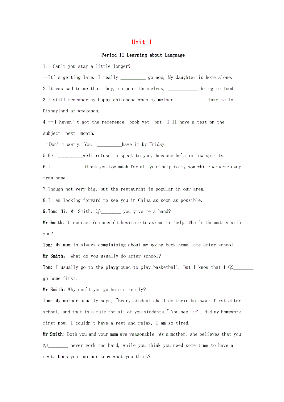 2020-2021学年高中英语 Unit 1 Festivals around the world Period II Learning about Language随堂检测 新人教版必修3 (2).doc_第1页
