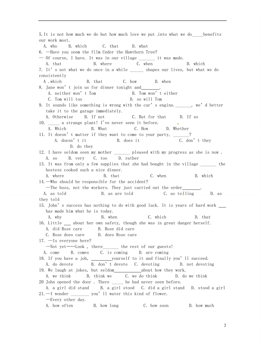 北京市房山区房山中学2022届高三英语 寒假作业 强调句、替代、省略、倒装句.docx_第2页