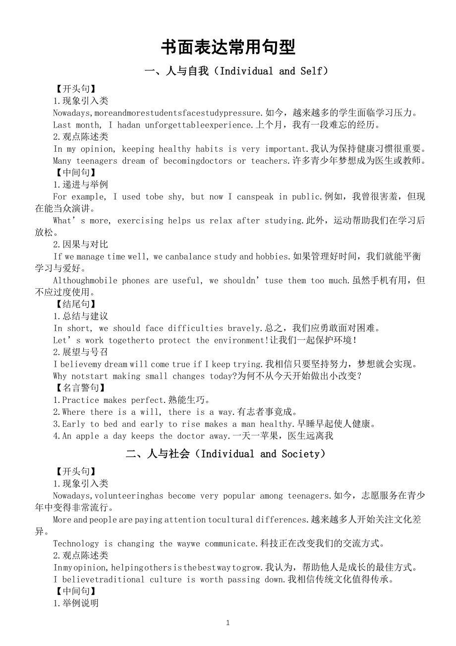 初中英语2025届中考书面表达常用句型（开头句 中间句 结尾句 名言警句）（共四个主题）.doc_第1页