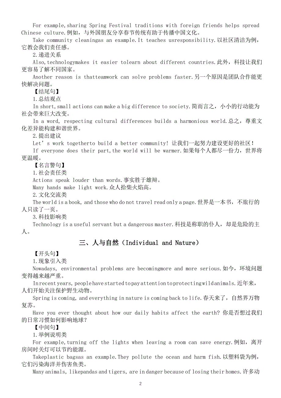 初中英语2025届中考书面表达常用句型（开头句 中间句 结尾句 名言警句）（共四个主题）.doc_第2页