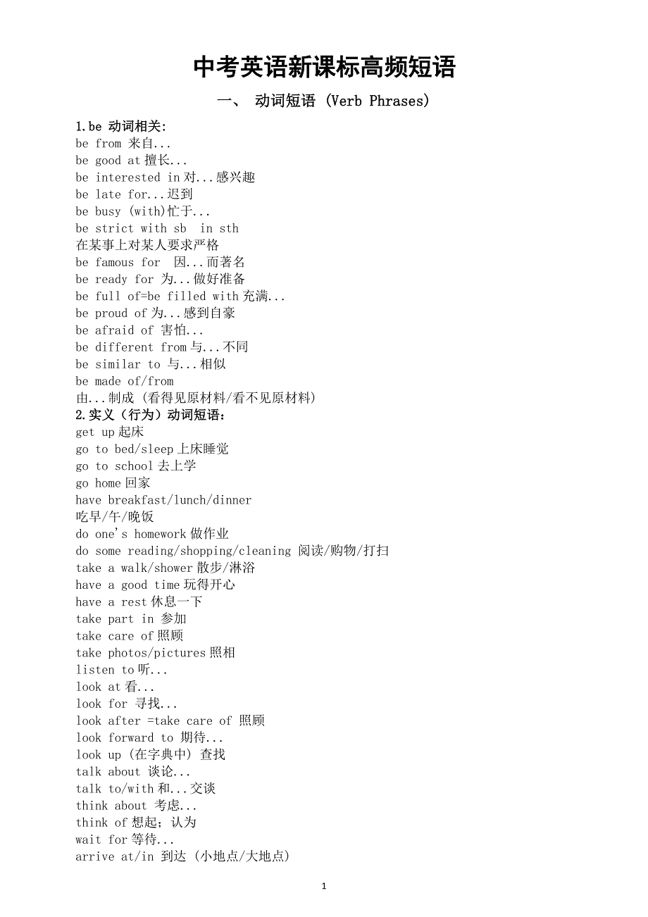 初中英语2026届中考人教版新课标高频短语汇总（动词短语 介词短语 固定搭配与习语）.doc_第1页