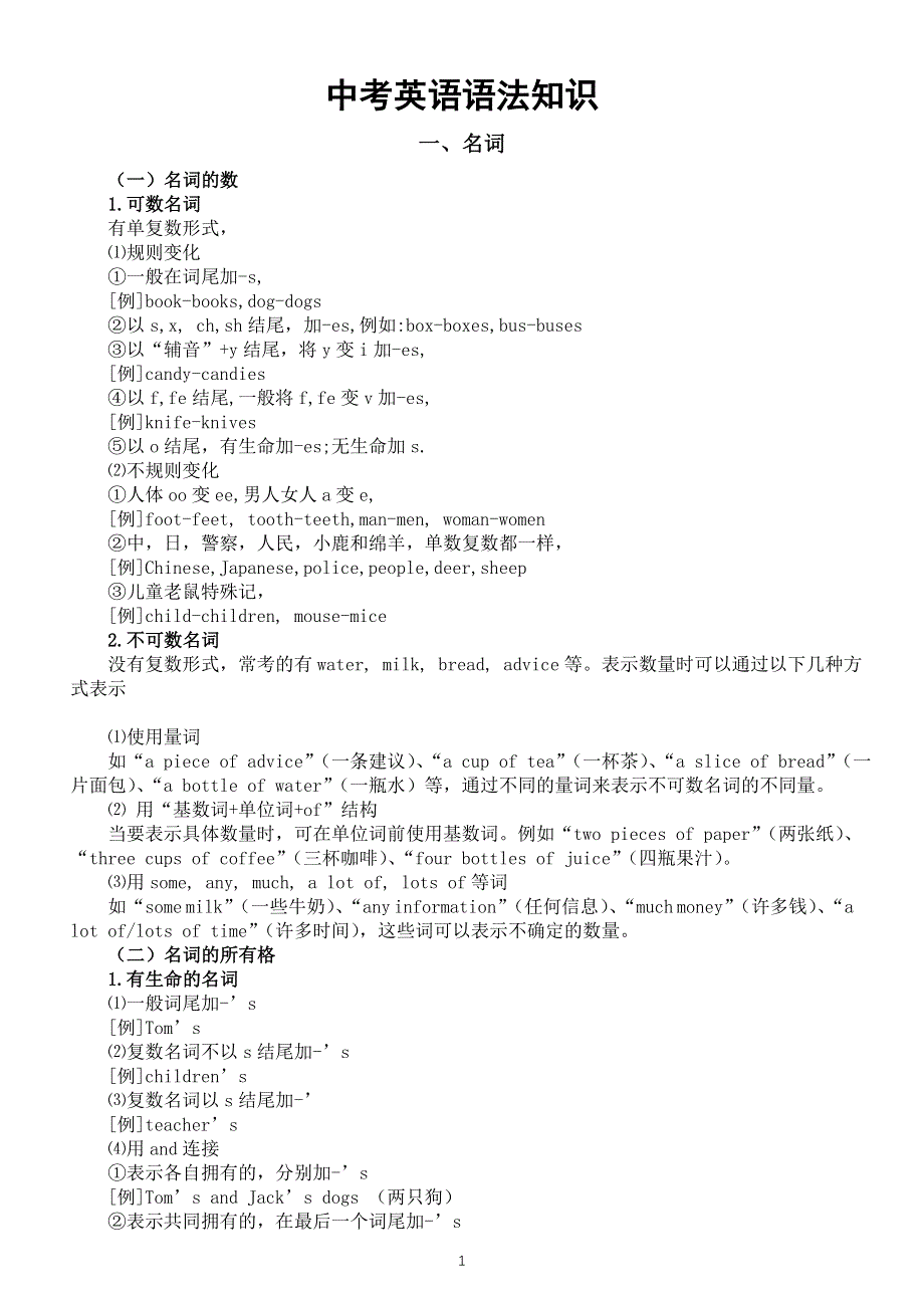 初中英语2025届中考语法知识讲解（名词 数词 冠词 代词）.doc_第1页