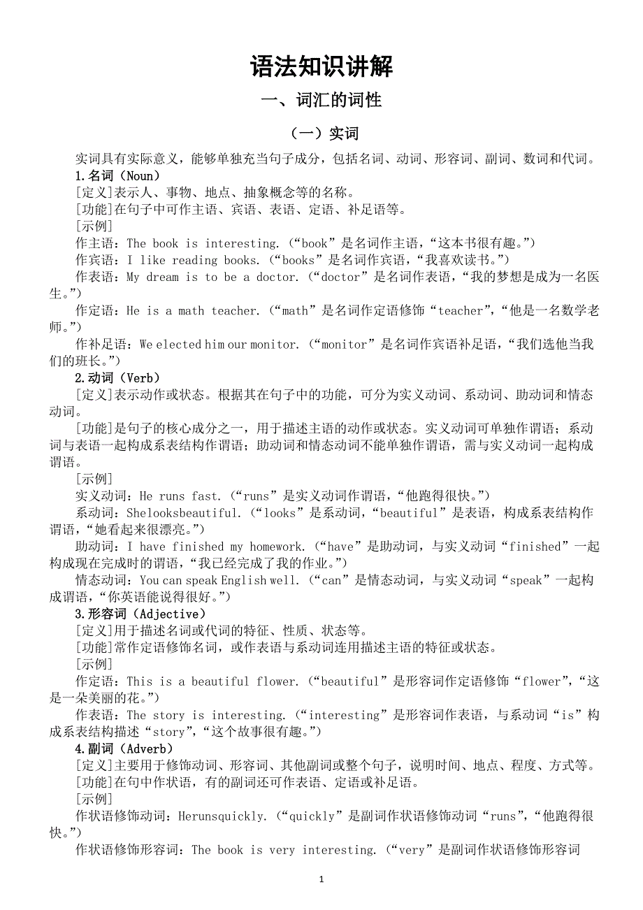 初中英语2025届中考语法知识讲解（词汇的词性 句子的成分）.doc_第1页