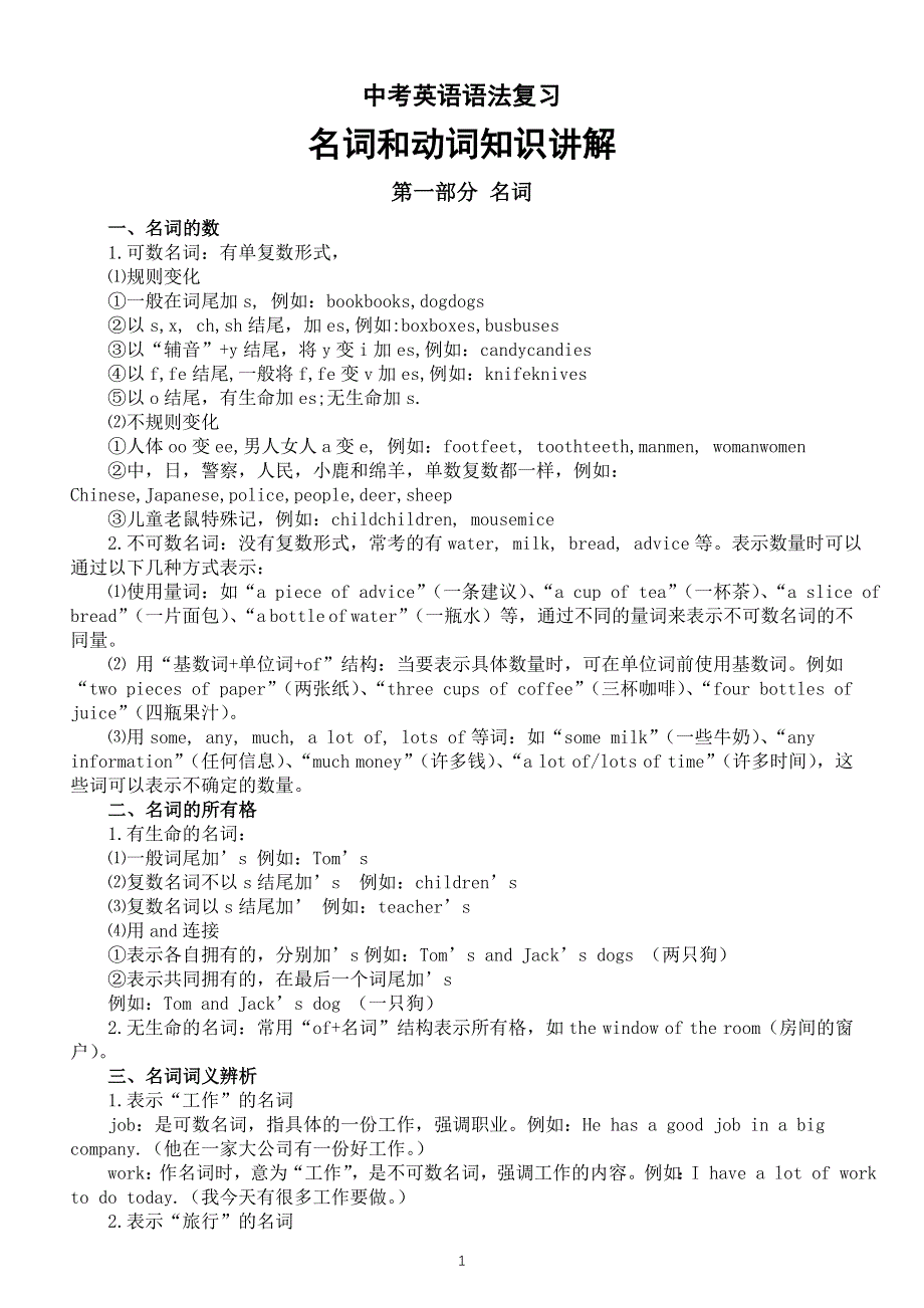 初中英语2025届中考语法复习名词和动词知识讲解.doc_第1页