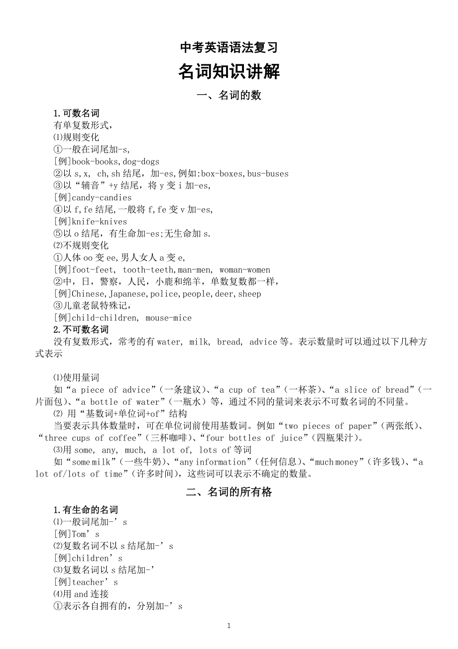 初中英语2025届中考语法复习名词知识讲解.doc_第1页