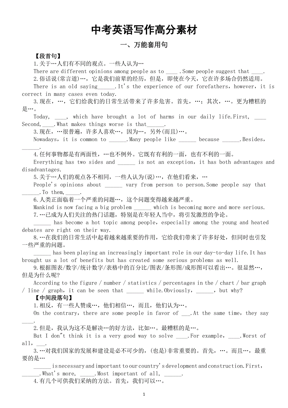 初中英语2026届中考写作高分素材（万能套用句 常用句型 常用谚语）.doc_第1页