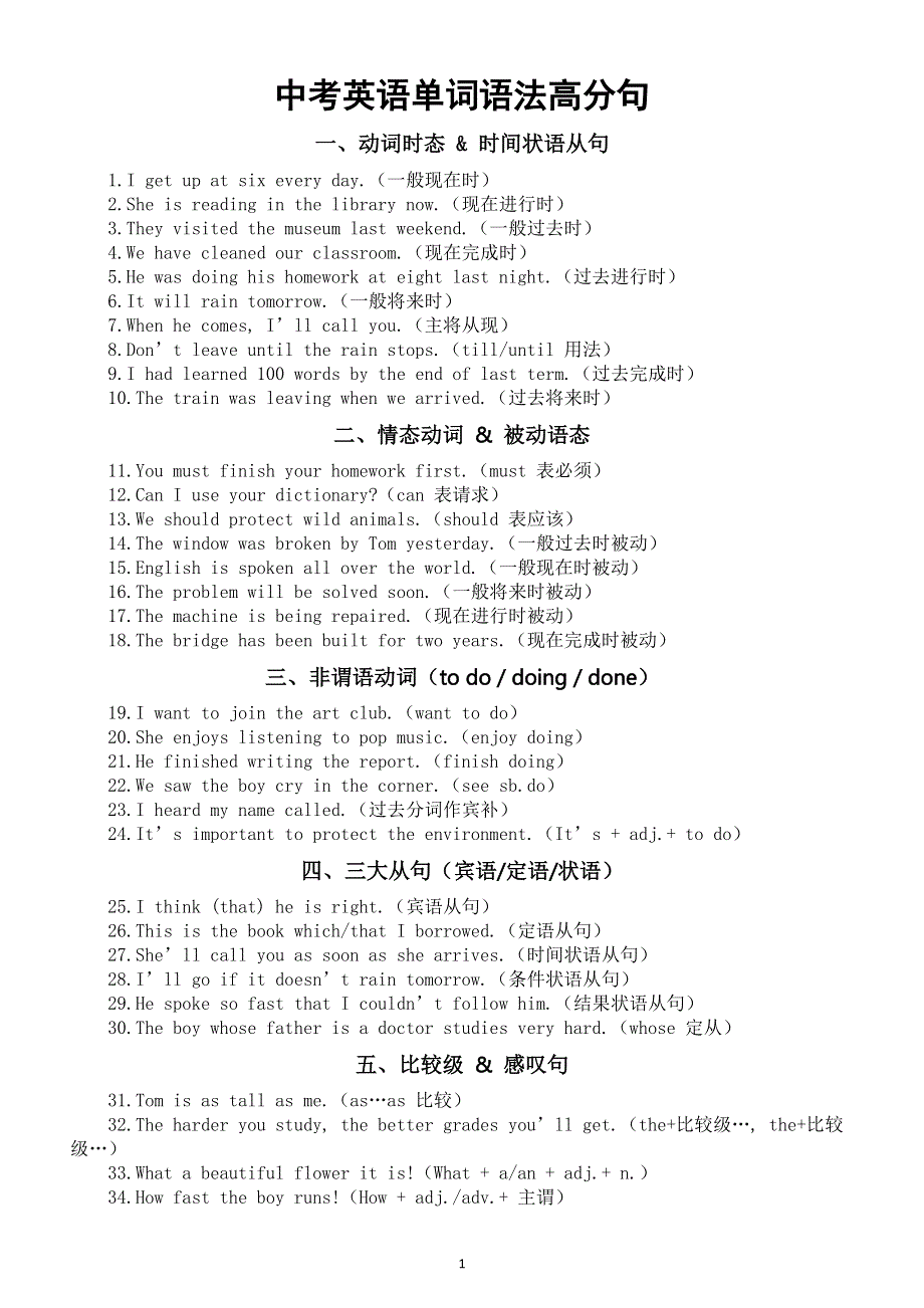 初中英语2026届中考单词语法高分句（高频词汇 核心语法点）（共十二类90个句子）.doc_第1页