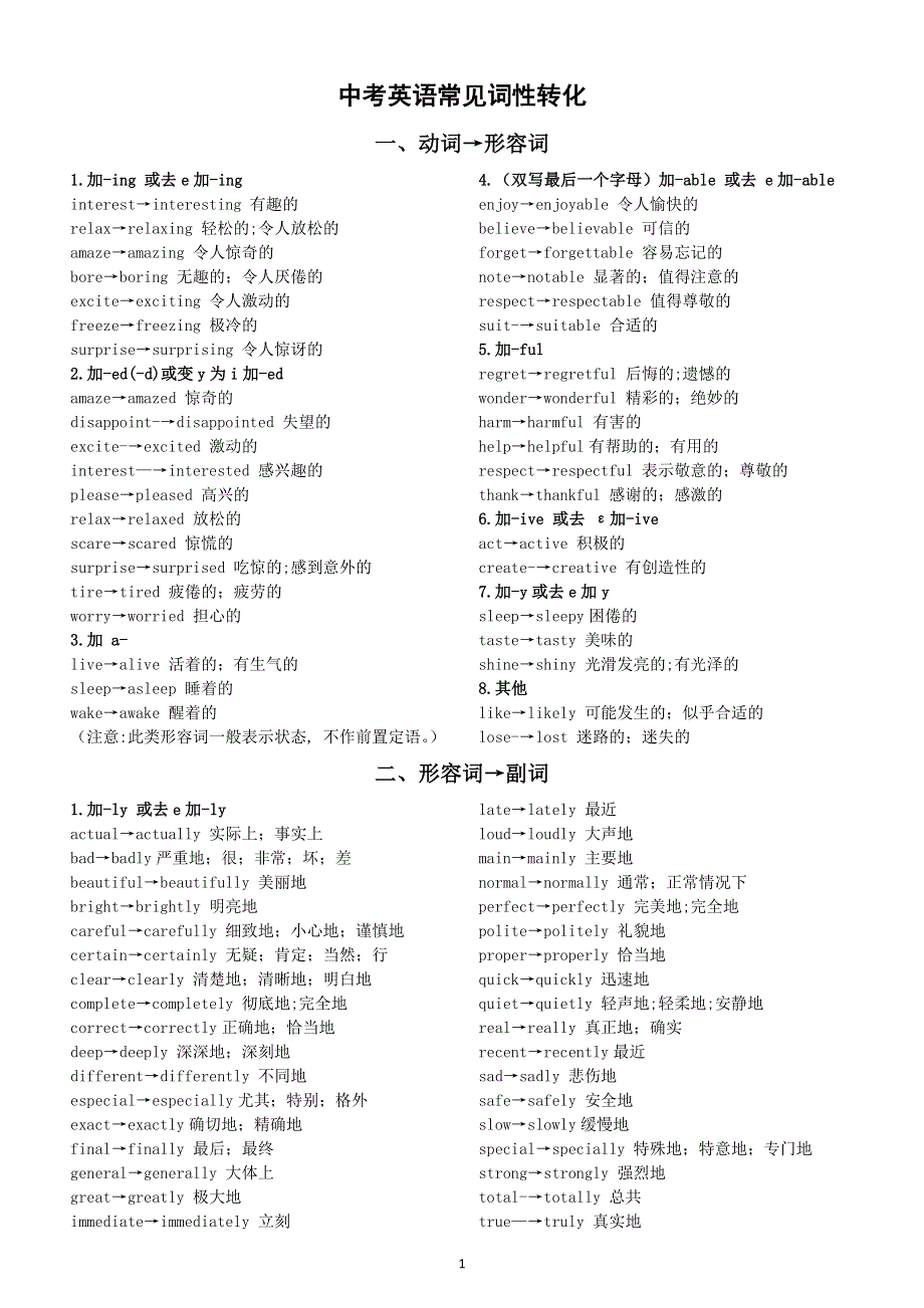 初中英语2026届中考常见词性转化（动词→形容词 形容词→副词 动词→名词 名词→形容词）.doc_第1页
