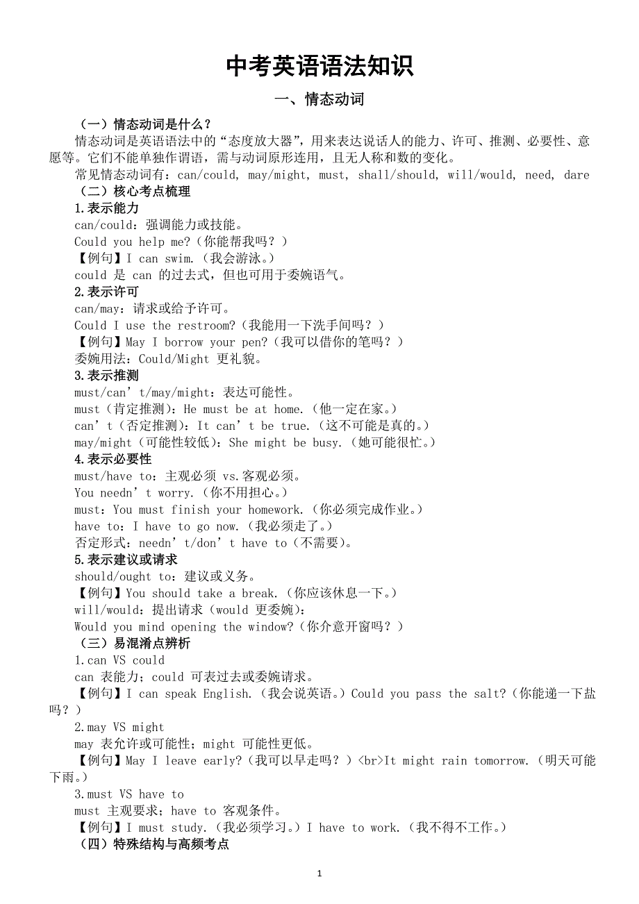 初中英语2026届中考语法知识复习（情态动词 代词 动名词分词）.doc_第1页