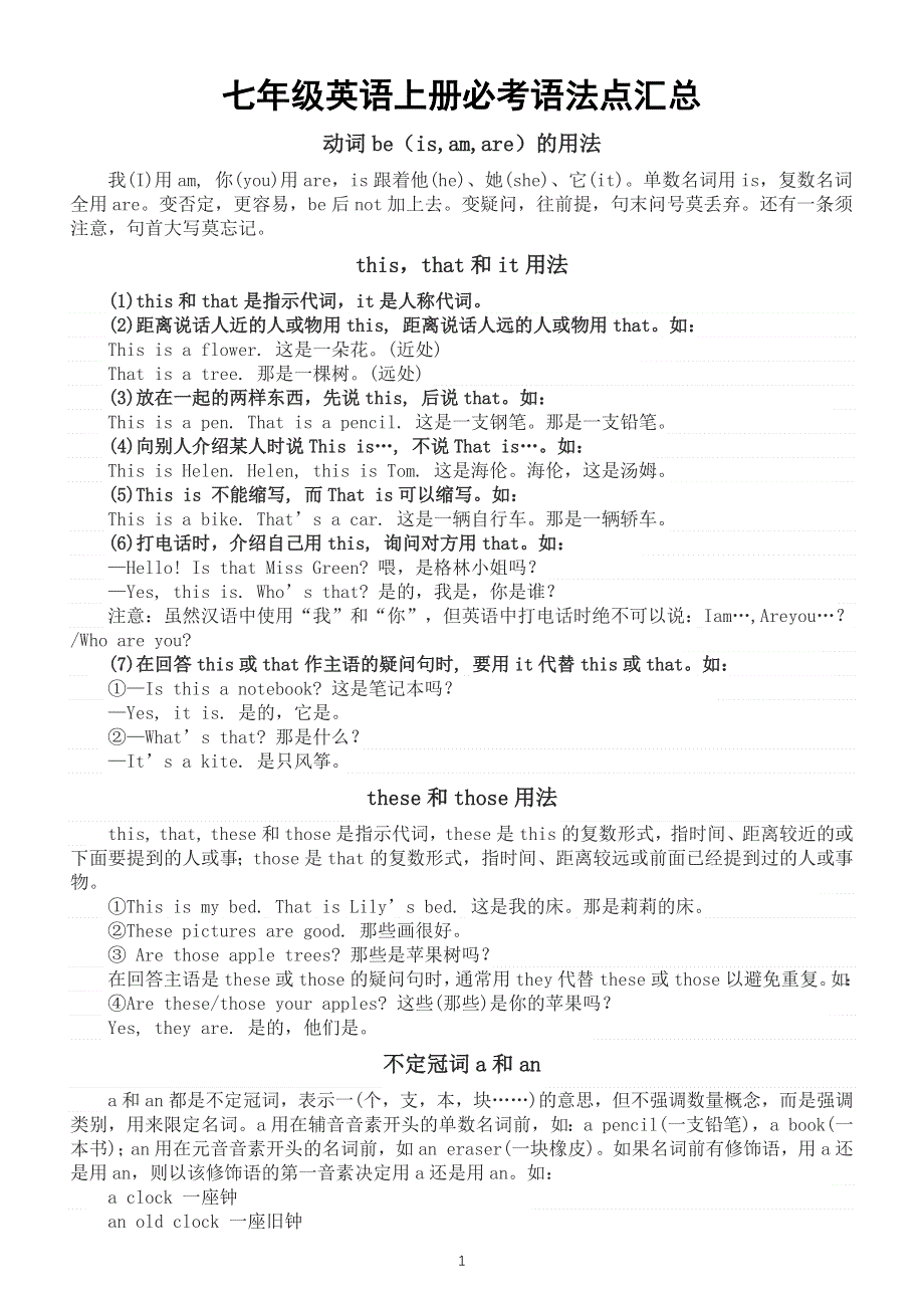 初中英语七年级上册必考语法点汇总.docx_第1页