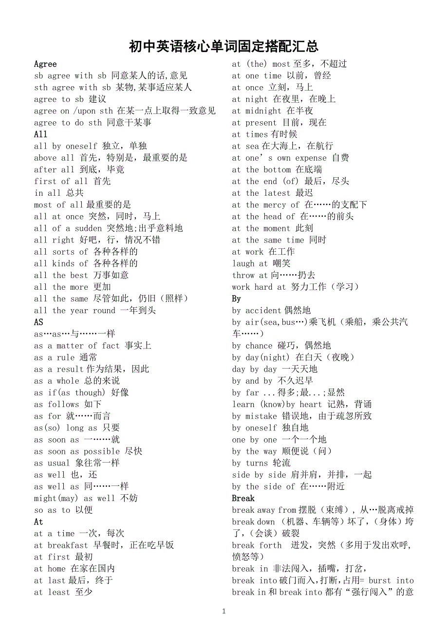 初中英语中考复习核心单词固定搭配汇总.docx_第1页